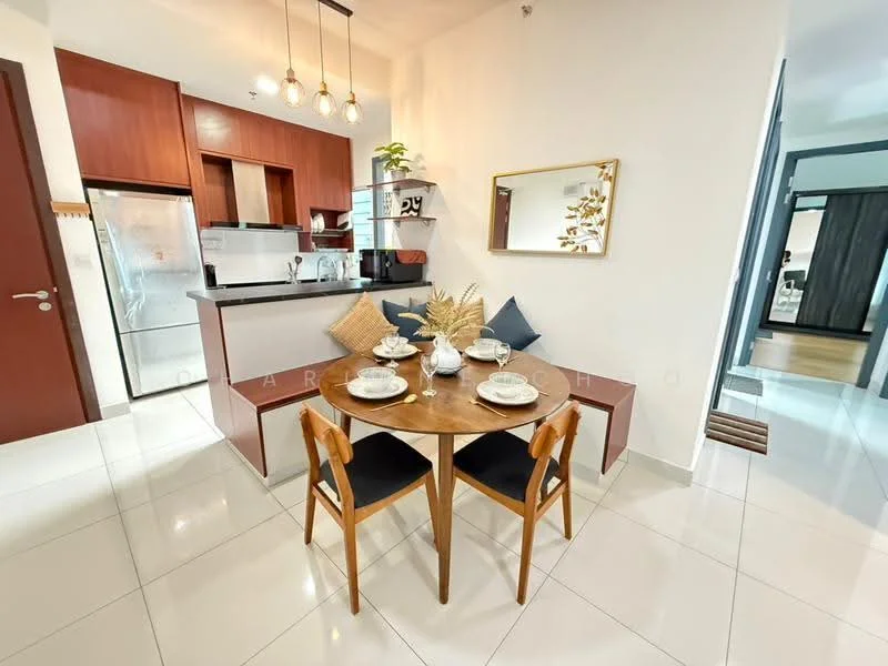 Kitchen features: brown wooden cabinetry, white countertop, stainless-steel fridge, built-in oven, 4-burner gas hob, pendant lighting, dining table with 4 chairs, decorative plant, ceramic tile flooring, white walls, open layout, wall-mounted shelves; style: modern.