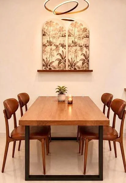 Dining features: wooden dining table with metal legs, four brown leather dining chairs, decorative wall art with palm tree design, shelf above the table, small potted plant on the table, candle on the table, recessed lighting, neutral wall color, glossy tile flooring; style: modern.