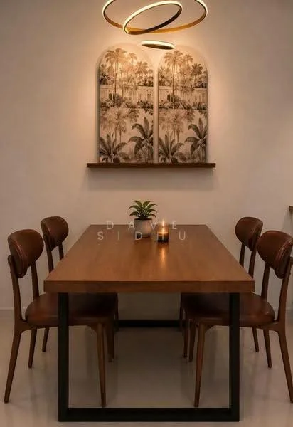 Dining features: wooden dining table with black metal legs, 6 upholstered dining chairs in brown, decorative wall art with palm tree pattern, shelf above table with decorative items, modern pendant light fixture, neutral painted walls, ceramic plant pot with small plant, candle on the table; style: modern.