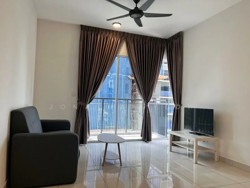 Living features: grey fabric sofa, round coffee table, wall-mounted TV, floor-to-ceiling windows, sheer curtains, dark curtains, recessed downlights, white tiled flooring, ceiling fan; style: modern; view: city.