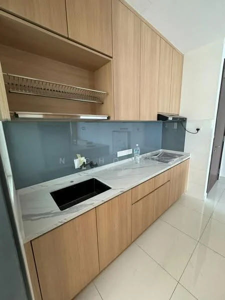 Kitchen features: single-bowl stainless-steel sink, chrome pull-down faucet, marble countertop, glass backsplash, wood cabinetry, open shelving, built-in oven, stainless-steel fridge, ceramic tile flooring, recessed downlights; style: modern.
