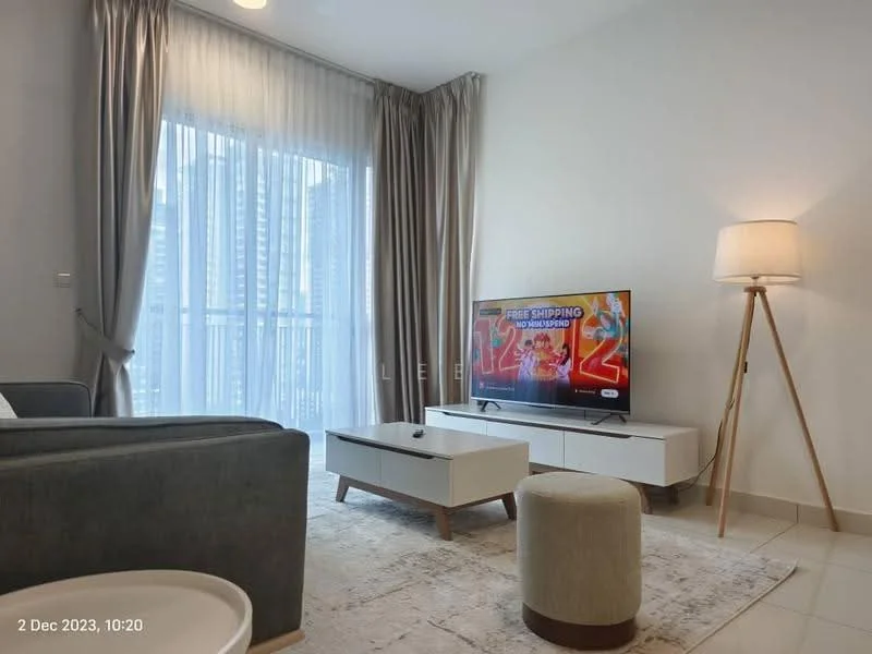 Living features: grey fabric sofa, white coffee table, light-colored area rug, wall-mounted TV, TV console in white, floor lamp with wooden legs, curtains in light grey, floor-to-ceiling windows, neutral painted walls, tile flooring; style: modern; view: city.