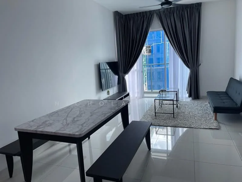 Living features: grey fabric sofa, black coffee table, white marble dining table, black bench seating, area rug with geometric pattern, floor-to-ceiling windows, sheer curtains, black ceiling fan with light, wall-mounted TV, glossy tile flooring, white painted walls; style: modern; view: city.