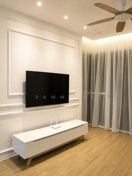 Living features: white painted walls, wooden flooring, 5-blade ceiling fan with light, wall-mounted TV, white TV console, curtains with sheer fabric, recessed downlights, decorative wall paneling; style: modern.