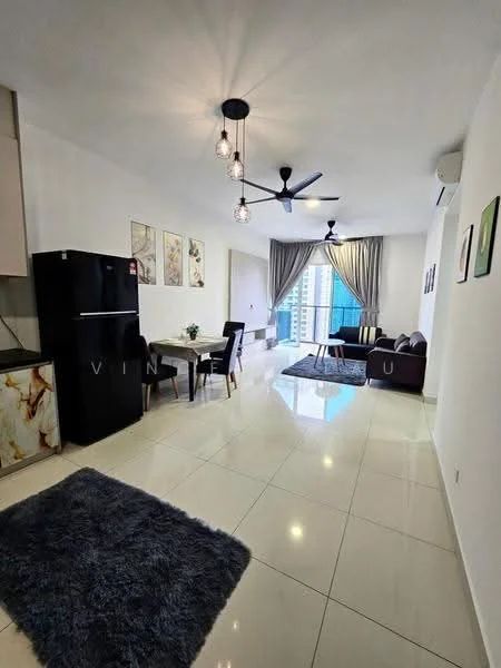 Living features: white painted walls, glossy tile flooring, 5-blade ceiling fan with light, recessed downlights, large floor-to-ceiling windows, curtains, area rug with geometric pattern, sofa, coffee table, dining table with chairs, black refrigerator, decorative wall art; style: modern; view: city.