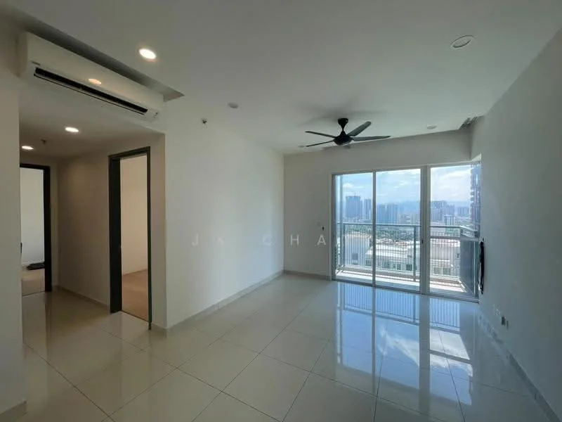 Living features: floor-to-ceiling windows, sliding glass door, 5-blade ceiling fan with light, white painted walls, glossy ceramic tile flooring, recessed downlights, open layout, city view; style: modern; view: city. Room features: white painted walls, glossy ceramic tile flooring.