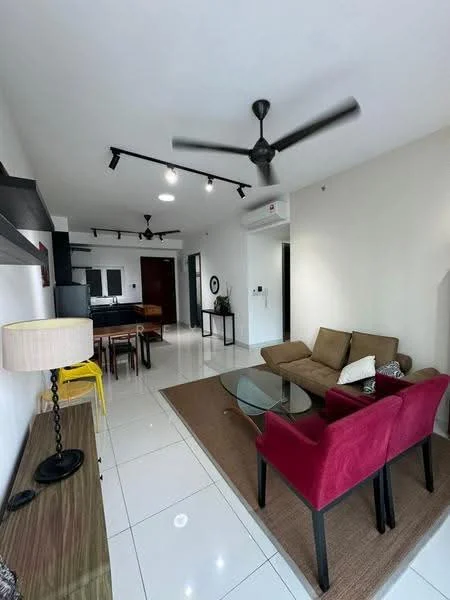 Living features: white painted walls, glossy white tile flooring, 5-blade ceiling fan with light, track lighting, glass coffee table, 2 red upholstered armchairs, beige fabric sofa, area rug, TV console, decorative wall shelf; style: modern. Room features: open-plan layout, kitchen area visible in background.