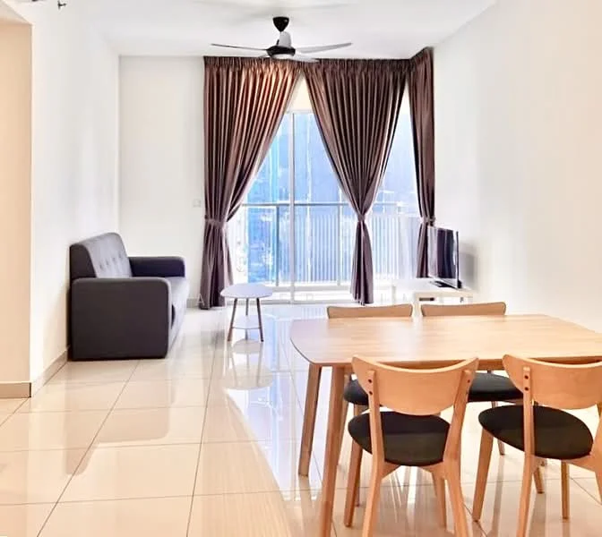 Living features: 3-seater fabric sofa in grey, coffee table, 6-seater dining table, wooden dining chairs with black upholstery, floor-to-ceiling windows, sheer curtains, dark brown curtains, glossy tile flooring, ceiling fan, wall-mounted TV; style: modern; view: city.