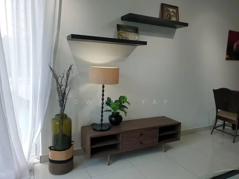 Living features: white painted walls, glossy tile flooring, floating black shelves, wooden console table, decorative lamp, green decorative vase, dried branches in vase, framed artwork on wall, curtains, wooden chair; style: modern.