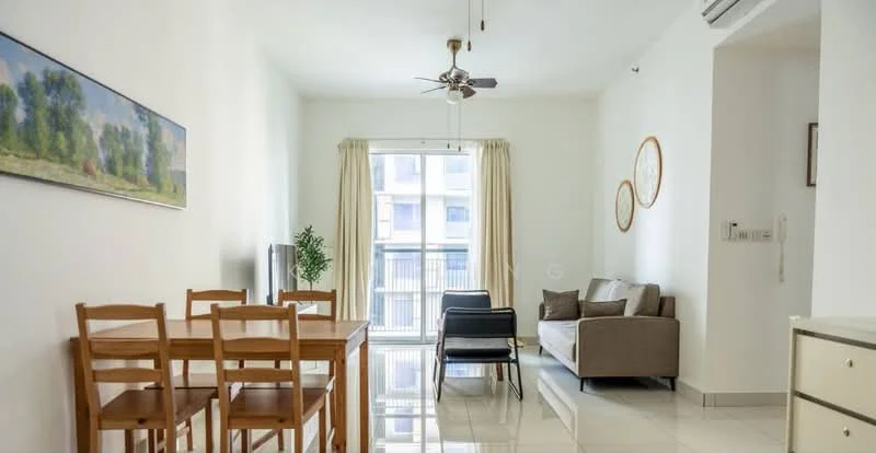 Living features: white painted walls, glossy tile flooring, 5-blade ceiling fan with light, floor-to-ceiling windows, sheer curtains, sofa in beige, coffee table, TV console, dining table with 4 chairs, decorative wall art, wall-mounted intercom; style: modern.