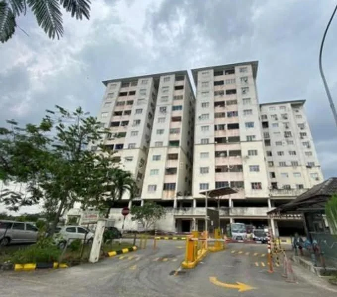 Exterior type: mid-rise condominium; features: white painted facade, approximately 6-storey building, covered parking area, entrance gate with security, surrounded by greenery, driveway with interlocking pavers; style: modern.