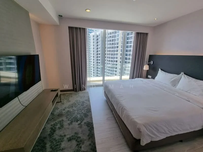 Bedroom features: king-size bed with white bedding, upholstered headboard, bedside lamps, floor-to-ceiling windows, curtains, wooden flooring, wall-mounted TV, TV console, decorative area rug, recessed downlights; style: modern; view: city.