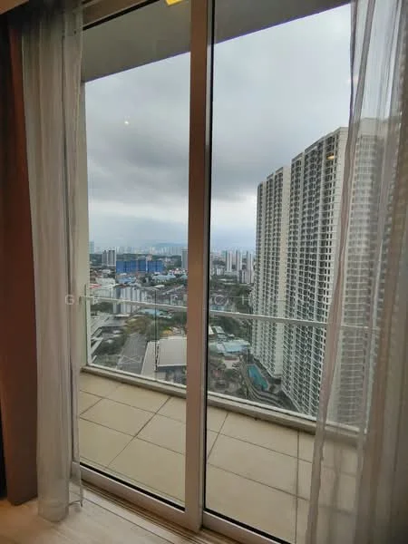 Room features: floor-to-ceiling sliding glass door, curtains, balcony with tiled flooring, city skyline view; view: city.