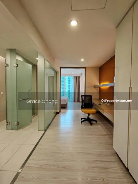 Room features: light wood laminate flooring, white painted walls, recessed downlights, glass partition walls, built-in desk with shelving, office chair with yellow cushion, floor-to-ceiling windows, curtains, open layout, neutral color scheme; style: modern; view: city.