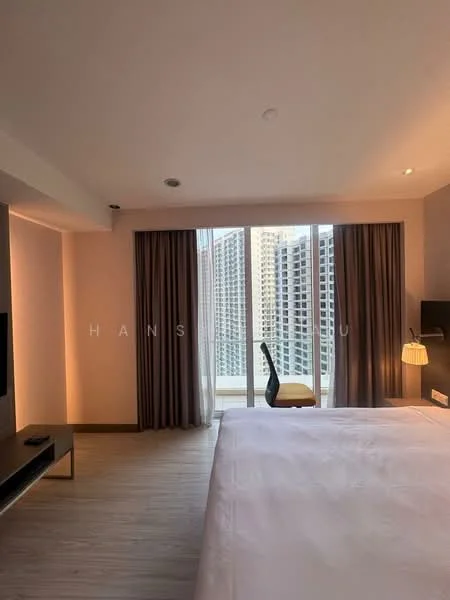 Bedroom features: king-size bed, white bedding, wooden flooring, floor-to-ceiling windows, curtains, wall-mounted TV, side table, desk chair, desk, light fixture, accent wall, recessed lighting; style: modern; view: city.