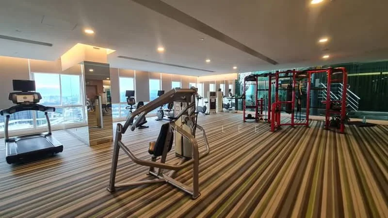 Gym features: treadmill, elliptical machine, weight training machine, free weights rack, mirrored wall, large windows with city view, striped carpet flooring, ceiling lights; style: modern; view: city.