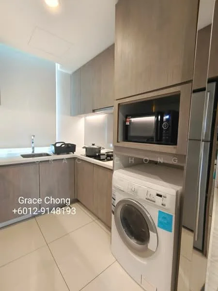 Kitchen features: light wood cabinetry, white countertop, single-bowl stainless-steel sink, chrome pull-down faucet, built-in microwave, freestanding washing machine, ceramic tile flooring, recessed downlights, stainless-steel fridge, cooking pots on stove; style: modern.