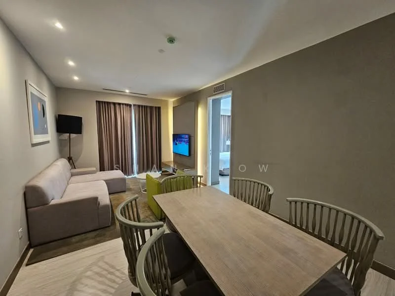 Living features: 3-seater fabric sofa in light grey, wall-mounted TV, coffee table, area rug, recessed downlights, curtains, concrete flooring, wall with light grey paint; style: modern. Dining features: 6-seater wooden dining table, woven dining chairs, decorative wall art, floor-to-ceiling windows, curtains; style: modern.