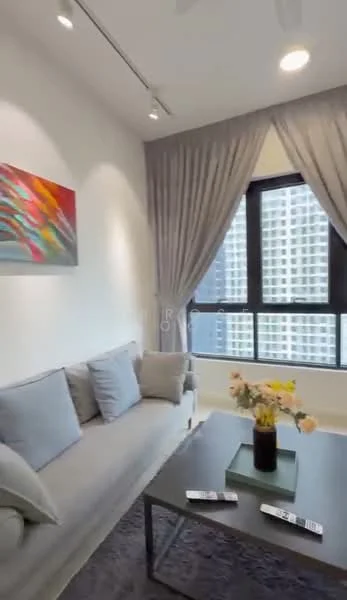 Living features: grey fabric sofa, decorative cushions, coffee table, area rug, floor-to-ceiling windows, curtains, framed artwork, wall-mounted lighting; style: modern; view: city.