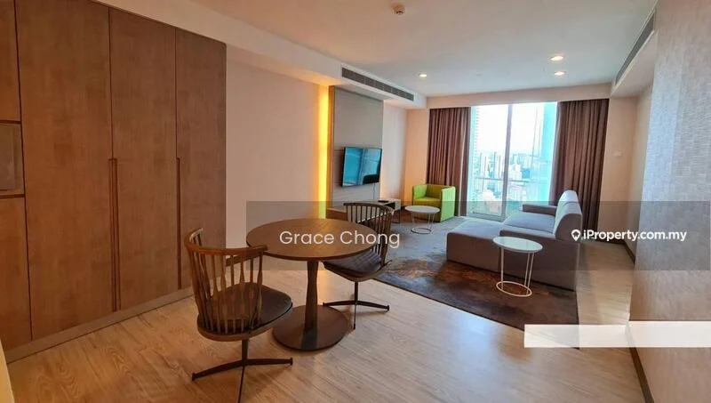 Living features: light wood flooring, cream painted walls, floor-to-ceiling windows, grey fabric sofa, green accent chair, round coffee table, wall-mounted TV, built-in cabinetry, decorative wall lighting, area rug with geometric pattern, dining table with 4 chairs; style: modern; view: city.