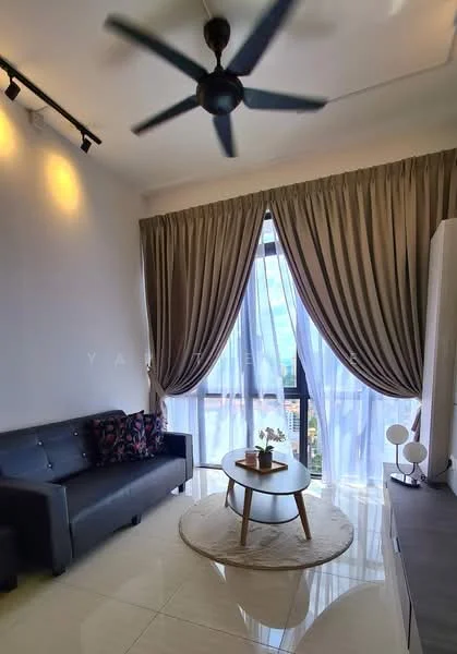 Living features: 3-seater fabric sofa in dark grey, decorative cushions, round coffee table, area rug, floor-to-ceiling windows, sheer curtains, heavy drapes, ceiling fan with 5 blades, wall-mounted TV unit, decorative plant on table, light-colored tiled flooring, wall with light fixtures; style: modern; view: city.