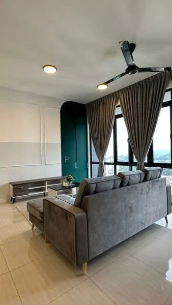 Living features: 3-seater fabric sofa in grey, coffee table, TV console, wall-mounted TV, floor-to-ceiling windows, curtains in grey, 5-blade ceiling fan with light, tile flooring in beige, accent wall in dark green, decorative wall paneling, recessed downlights; style: modern; view: city.