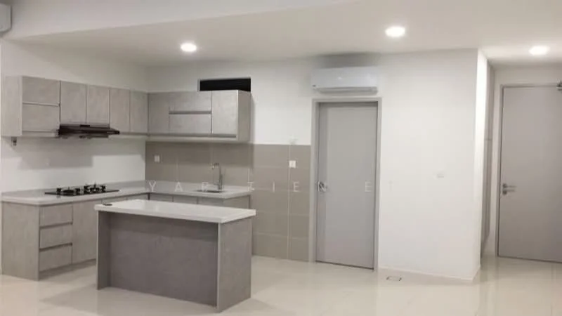 Kitchen features: grey cabinetry, white quartz countertop, stainless-steel sink, chrome pull-down faucet, built-in gas hob, exhaust hood, tile backsplash, recessed LED downlights, wall-mounted split AC, light-colored walls, white tiled flooring, open layout, island counter; style: modern.