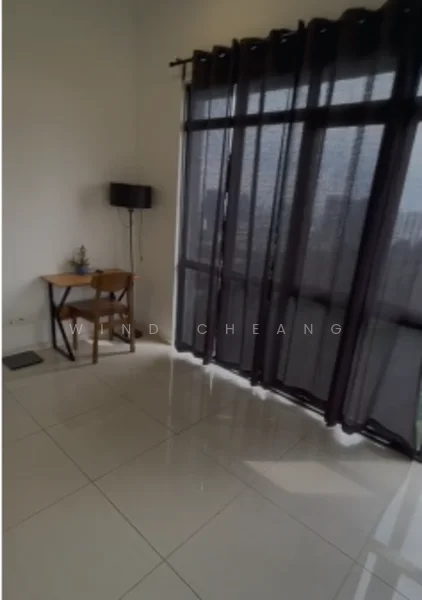 Room features: large floor-to-ceiling windows, blackout curtains, white walls, glossy white tile flooring, wooden desk, black table lamp, city view; style: modern; view: city.