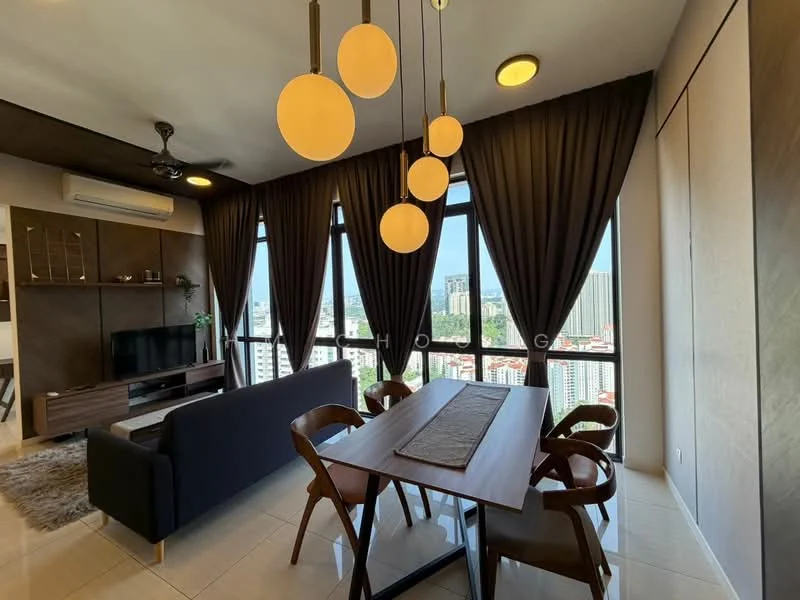 Living features: 3-seater fabric sofa in dark grey, wooden dining table with 4 chairs, floor-to-ceiling windows, blackout curtains, pendant lighting with round bulbs, wall-mounted TV, air conditioning unit, light-coloured tiled flooring, decorative area rug, wooden shelving unit, decorative wall art; style: modern; view: city.