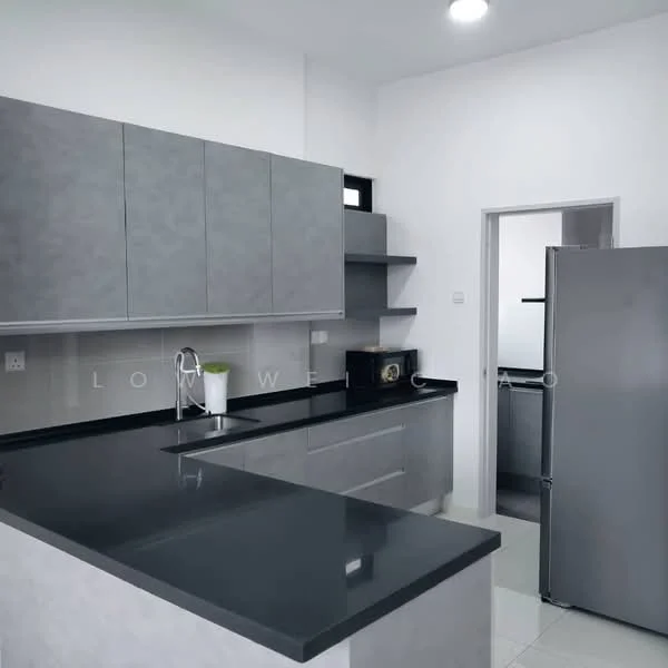 Kitchen features: grey laminate cabinetry, black granite countertop, single-bowl stainless-steel sink, chrome pull-down faucet, built-in microwave, stainless-steel fridge, open shelving, white tiled backsplash, recessed downlights, ceramic tile flooring; style: modern.