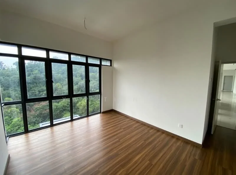 Room features: large floor-to-ceiling windows, wood laminate flooring, white painted walls, mountain view, no visible ceiling fixtures, minimalist design, natural light, open layout; style: modern; view: mountain.
