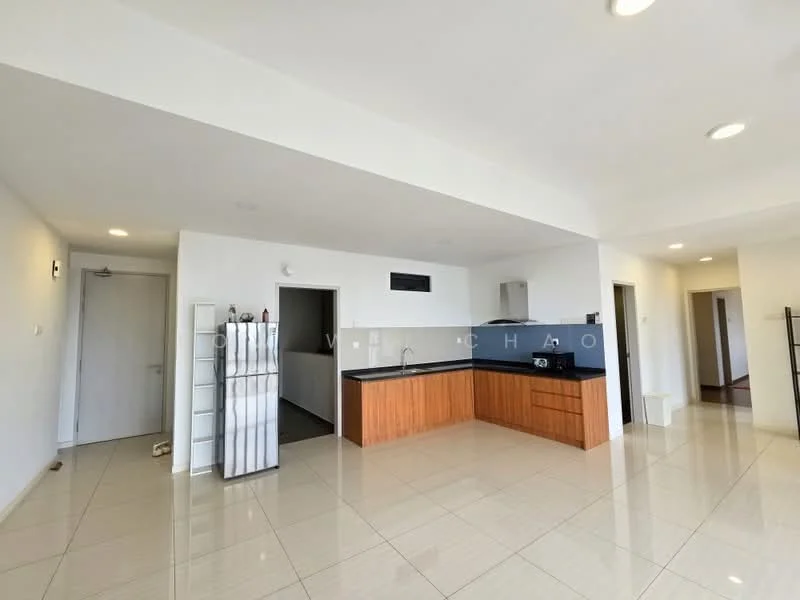 Kitchen features: black granite countertop, wood cabinetry, stainless-steel sink, chrome pull-down faucet, built-in oven, stainless-steel range hood, 4-burner gas hob, ceramic tile flooring, recessed downlights, open layout, white painted walls, floor-to-ceiling windows, sliding glass door; style: modern. Living features: ceramic tile flooring, white painted walls, recessed downlights, open layout, floor-to-ceiling windows; style: modern.