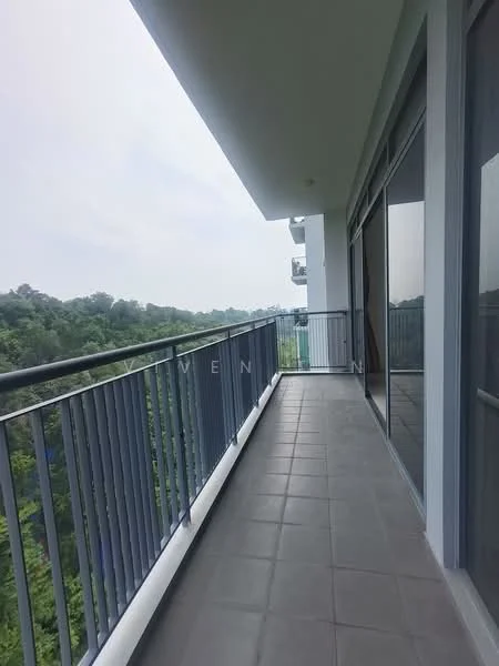 Room features: balcony, grey tiled flooring, metal railing, glass sliding doors, view of greenery, overhead eaves, outdoor space; style: modern; view: garden.