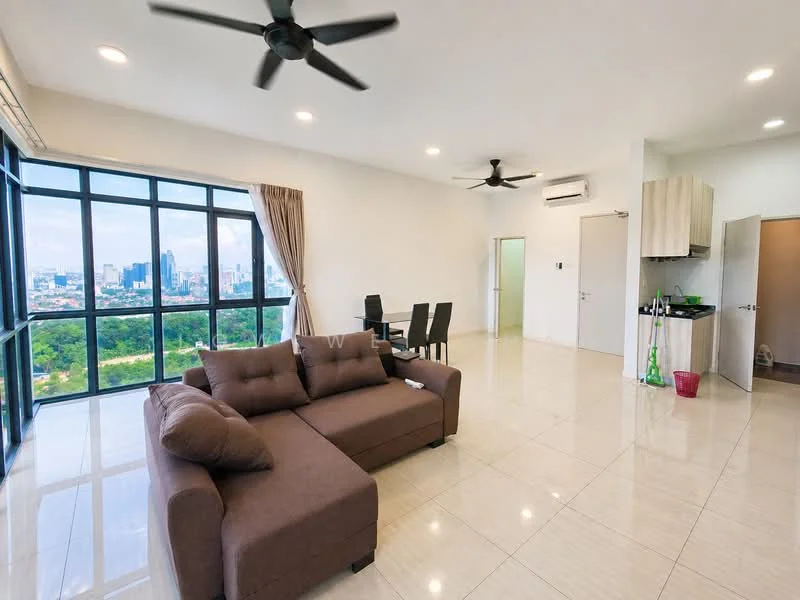 Living features: brown fabric sectional sofa, floor-to-ceiling windows, city view, recessed LED downlights, 2 ceiling fans, light-colored tiled flooring, curtains, open layout, wall-mounted air conditioning unit; style: modern; view: city. Dining features: 4-seater dining table, black dining chairs, light-colored walls, open layout; style: modern; view: city. Kitchen features: light wood cabinetry, countertop, sink, refrigerator, open layout; style: modern; view: city.