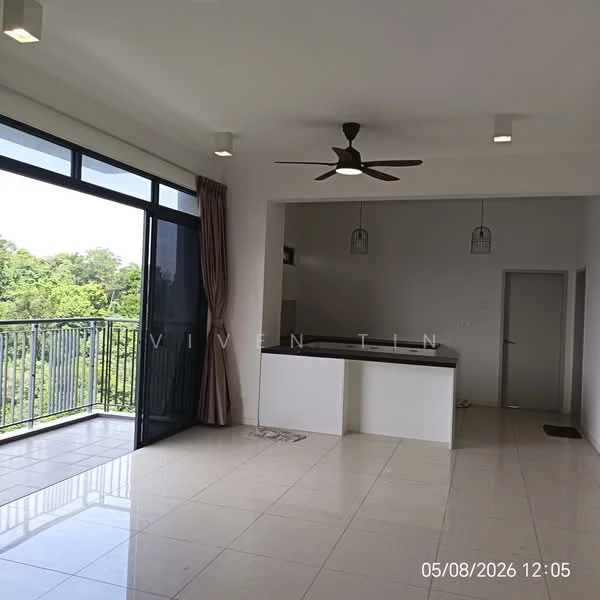 Living features: floor-to-ceiling windows, sliding glass door, 5-blade ceiling fan with light, recessed downlights, cream painted walls, white tiled flooring, balcony access, open kitchen layout, hanging pendant lights; style: modern; view: garden. Kitchen features: kitchen island, white cabinetry, pendant lighting, open-plan layout; style: modern.