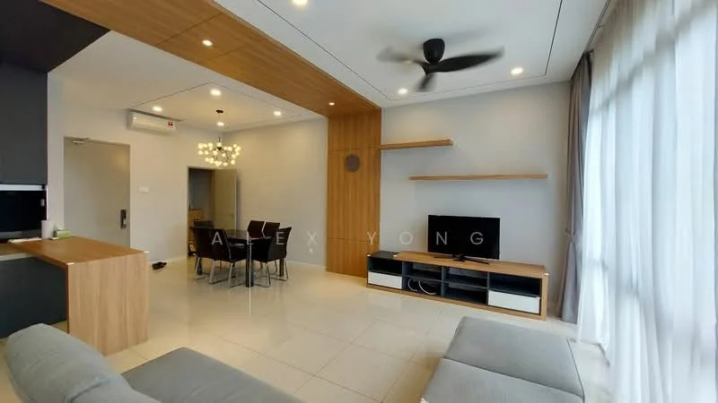 Living features: grey fabric sofa, 3-seater sofa, coffee table, wall-mounted TV, TV console in white, wooden shelving unit, ceiling fan with light, large windows with sheer curtains, tile flooring, decorative wall paneling, dining table with four chairs, recessed lighting; style: modern; view: city.