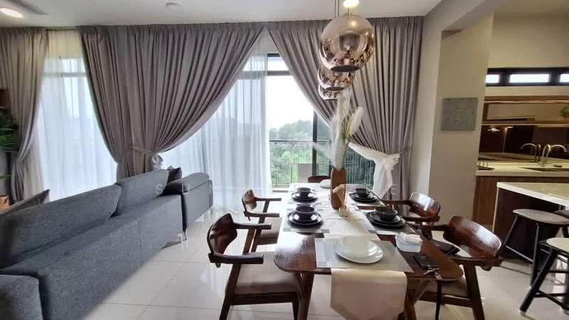 Dining features: 6-seater dining table, black dining plates, wooden dining chairs, white table runner, decorative vase with greenery, chandelier with metallic finish, floor-to-ceiling windows, sheer curtains, grey fabric sofa, tile flooring, wall-mounted artwork; style: modern; view: garden.