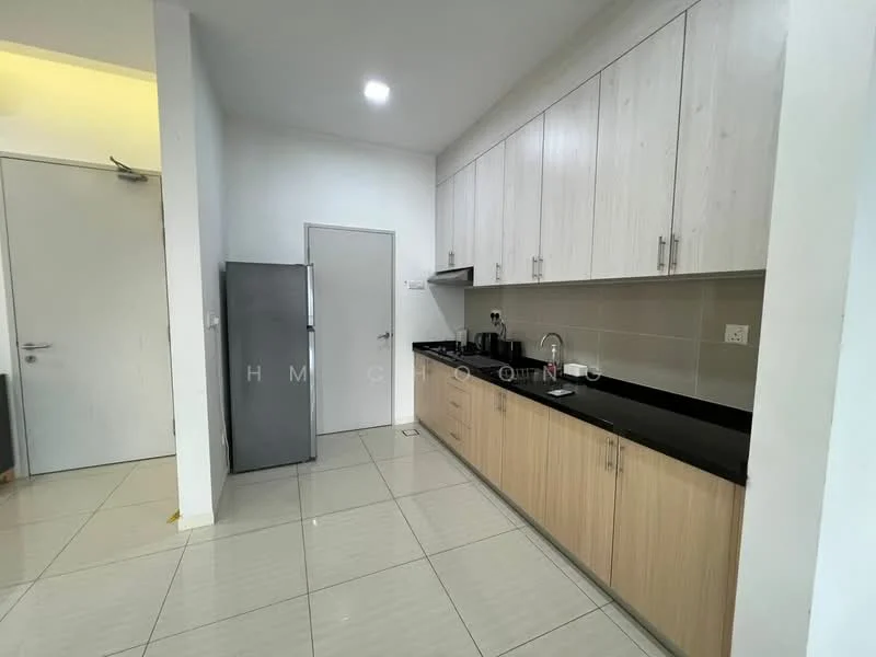 Kitchen features: white laminate cabinetry, black granite countertop, stainless-steel fridge, built-in sink, chrome pull-down faucet, ceramic tile flooring, wall-mounted cabinets, kitchen appliances visible, neutral wall color, recessed lighting; style: modern.