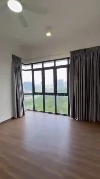 Room features: wooden flooring, floor-to-ceiling windows, grey curtains, ceiling fan, recessed lighting, city view; style: modern; view: city.