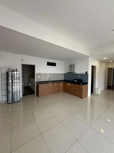 Kitchen features: brown wooden cabinetry, black countertop, stainless-steel fridge, built-in oven, stainless-steel range hood, ceramic tile flooring, recessed downlights, open shelving, single-bowl stainless-steel sink, chrome pull-down faucet; style: modern.