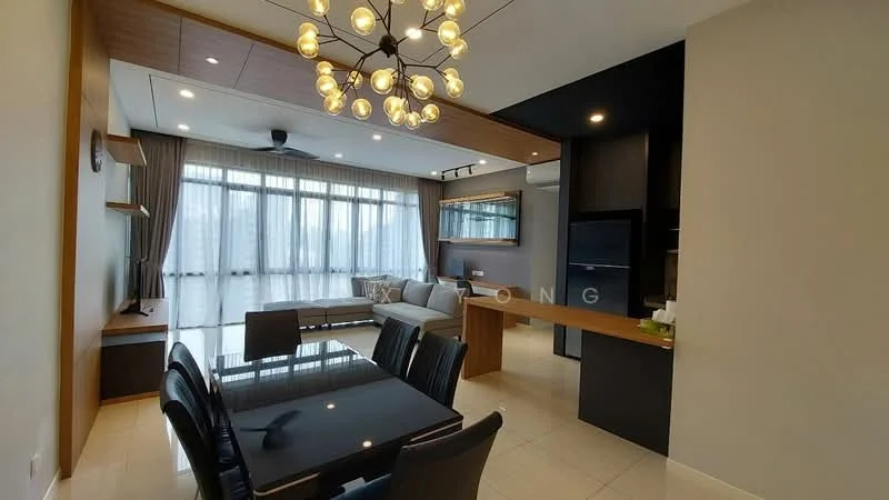 Living features: floor-to-ceiling windows, grey fabric sectional sofa, black coffee table, dining table for 6, chandelier with multiple bulbs, wood paneling on ceiling, light-colored tiled flooring, wall-mounted TV, decorative mirror, built-in cabinetry, curtains for window treatment; style: modern; view: city.