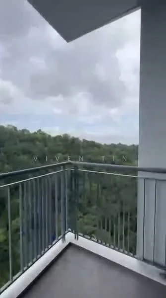 Room features: balcony, metal railing, wooden flooring, view of greenery, overcast sky; view: garden.