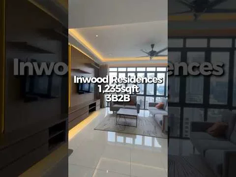Living features: floor-to-ceiling windows, 5-blade ceiling fan with light, recessed LED downlights, wall-mounted TV, TV console, coffee table, area rug, decorative wall paneling, grey upholstered sofa, light wood flooring; style: modern; view: city.