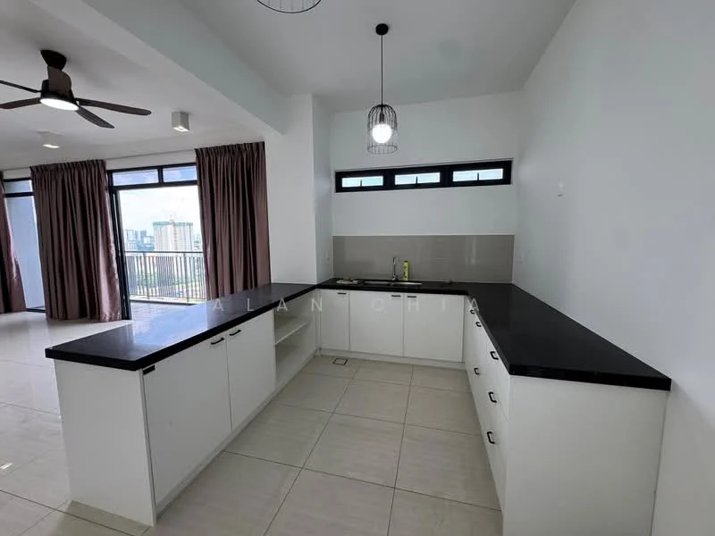 Kitchen features: black granite countertop, white cabinetry, stainless-steel sink, chrome pull-down faucet, wall-mounted kitchen cabinet, open shelving, pendant lighting, floor-to-ceiling windows, curtains, tile flooring, recessed downlights, ceiling fan; style: modern; view: city.