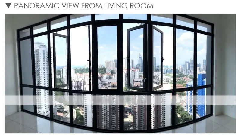 Living features: panoramic view, floor-to-ceiling windows, sliding glass doors, white walls, tile flooring, open layout, natural light, city skyline view; style: modern; view: city.