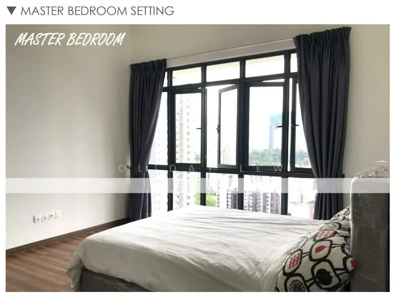 Bedroom features: king-size bed, upholstered headboard, floor-to-ceiling windows, grey curtains, wooden flooring, decorative pillows, wall-mounted light fixtures, city view; style: modern; view: city.