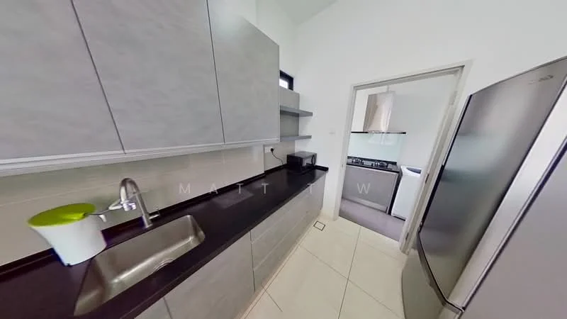 Kitchen features: grey cabinetry, black countertop, stainless-steel sink, chrome pull-down faucet, built-in oven, freestanding range oven, stainless-steel fridge, ceramic tile flooring, open shelving, wall-mounted cabinets, window for natural light, neutral wall colour; style: modern.