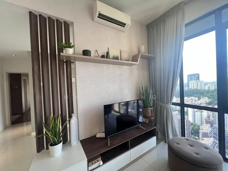 Living features: floor-to-ceiling windows, light grey painted walls, white ceiling, recessed downlights, wall-mounted TV, wooden TV console, decorative shelving unit, potted plants, upholstered ottoman, curtains, air conditioning unit; style: modern; view: city.