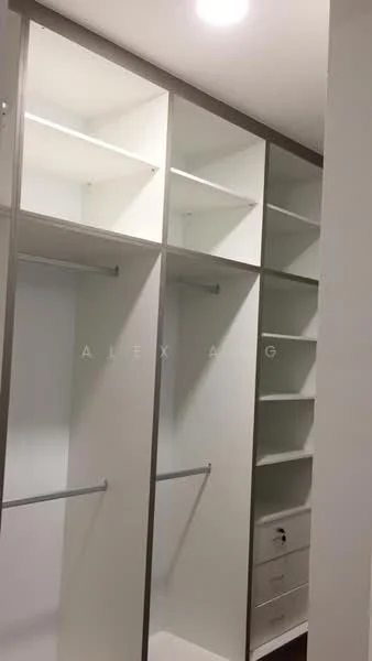 Room features: built-in shelving, hanging rods, white cabinetry, mirrored panels, drawers, open shelving, LED ceiling lights; style: modern.