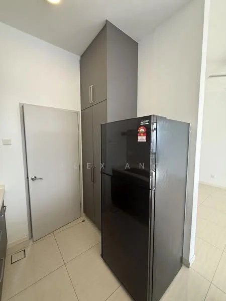 Kitchen features: black fridge, grey cabinetry, white walls, tile flooring, built-in pantry, door to adjacent room; style: modern.